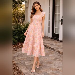 Haute Hippie Floral Print Ruffle Tier Sleeveless Cotton Midi Dress